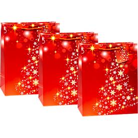 TSI-cadeauzakjesset serie 10, 3-delig, 3 x motief „Sterren en sneeuwvlokken“, B 260 x D 135 x H 320 mm, PP-folie, goud-rood