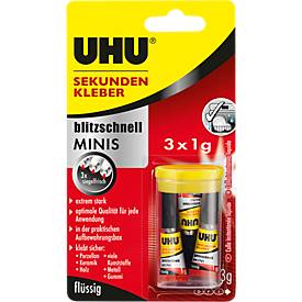 UHU Sekundenkleber blitzschnell Minis 3 x 1 g, flüssig, wasserfest, 3er Set