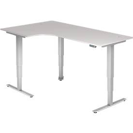ULM angled desk, electrically height-adjustable, 90° angle left, T-leg, W 2000 x D 1200 x H 625-1275 mm, light gray/white aluminum + memory switch