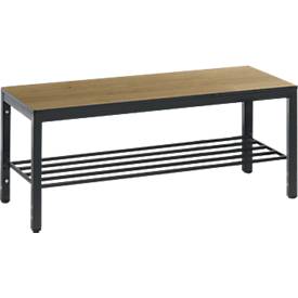 Umkleidebank Basic Plus, für Feuchträume, ohne Rückenlehne, 4-Fußgestell schwarzgrau RAL 7021, mit Schuhrost, B 1000 mm, Dekor Eiche Serrano