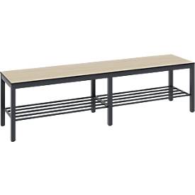 Umkleidebank Basic Plus, für Feuchträume, ohne Rückenlehne, 6-Fußgestell schwarzgrau RAL 7021, mit Schuhrost, B 1500 mm, Dekor Eiche Serrano
