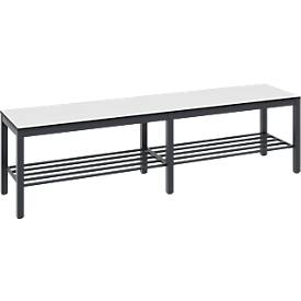 Umkleidebank Basic Plus, für Feuchträume, ohne Rückenlehne, 6-Fußgestell schwarzgrau RAL 7021, mit Schuhrost, B 1500 mm, Dekor weiß