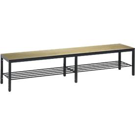 Umkleidebank Basic Plus, für Feuchträume, ohne Rückenlehne, 6-Fußgestell schwarzgrau RAL 7021, mit Schuhrost, B 1960 mm, Dekor Eiche Serrano