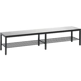 Umkleidebank Basic Plus, für Feuchträume, ohne Rückenlehne, 6-Fußgestell schwarzgrau RAL 7021, mit Schuhrost, B 1960 mm, Dekor silbergrau