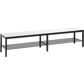 Umkleidebank Basic Plus, für Feuchträume, ohne Rückenlehne, 6-Fußgestell schwarzgrau RAL 7021, mit Schuhrost, B 1960 mm, Dekor weiß