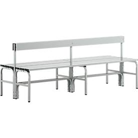Umkleidebank, Edelstahlrohr/Alu, doppelt mit Rückenteil, 2000 mm breit, lichtgrau