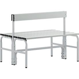 Umkleidebank, Edelstahlrohr/Alu, doppelt mit Rückenteil, L 1500 mm, weißalu