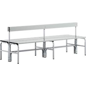 Umkleidebank, Edelstahlrohr/Alu, doppelt mit Rückenteil, L 2000 mm, weißalu