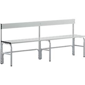 Umkleidebank, Stahlrohr/Alu, einfach mit Rückenteil, 1500 mm breit, weißalu