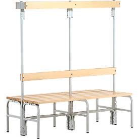 Umkleidebank, Stahlrohr/Holz, doppelt, mit Garderobenteil, 1500 mm breit, lichtgrau