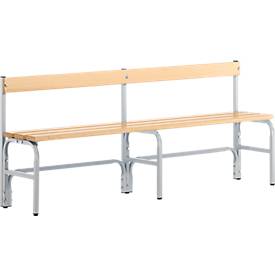 Umkleidebank, Stahlrohr/Holz, einfach, mit Rückenteil, 1500 mm breit, weißalu