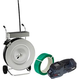 Umreifungsset, 3-teilig, Abrollwagen, Akku Umreifungsgerät Banholzer und Wenz BXT4-16, PET Polyesterband mit L 1700 x B 15,5 mm, Stärke 0,7 mm