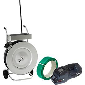 Umreifungsset, 3-teilig, Abrollwagen, Akku Umreifungsgerät Banholzer und Wenz BXT4-19, PET Polyesterband mit L 1200 m x B 18,5 mm, Stärke 0,85 mm