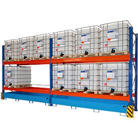 Umwelt-Grundregal 3300-2, Palettenregal, B 3500 x T 1300 x H 3000 mm, für max. 6 IBC, Auffangwanne 1000 l, lichtblau/verkehrsblau/reinorange