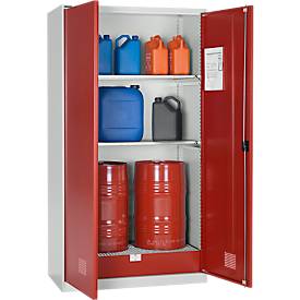 Umweltschrank SSI Schäfer, für Öl etc., 2 x 60 l Fässer und 8 x 20 l Kanister, B 1055 x T 520 x H 1950 mm, l.grau/rub.rot