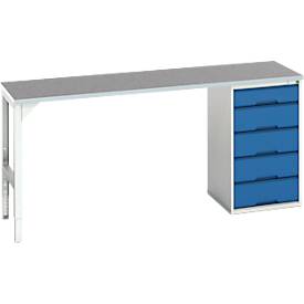 Unterbauwerkbank Bott verso, Linoleum-Platte, 5 Schubladen, B 2000 x T 600 x H 930 mm, Lichtgrau / Enzianblau