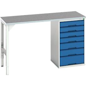 Unterbauwerkbank Bott verso, Linoleum-Platte, 7 Schubladen, B 1500 x T 600 x H 930 mm, Lichtgrau / Enzianblau