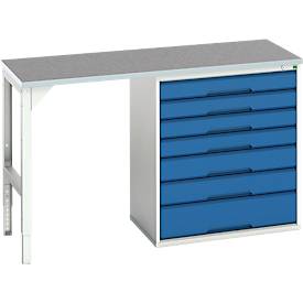 Unterbauwerkbank Bott verso, Linoleum-Platte, 7 Schubladen, B 1500 x T 600 x H 930 mm, Lichtgrau / Enzianblau