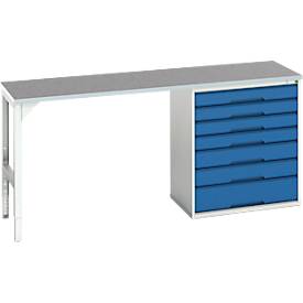 Unterbauwerkbank Bott verso, Linoleum-Platte, 7 Schubladen, B 2000 x T 600 x H 930 mm, Lichtgrau / Enzianblau