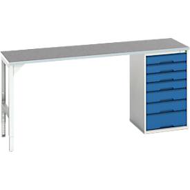 Unterbauwerkbank Bott verso, Linoleum-Platte, 7 Schubladen, B 2000 x T 600 x H 930 mm, Lichtgrau / Enzianblau