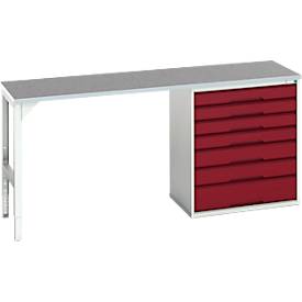 Unterbauwerkbank Bott verso, Linoleum-Platte, 7 Schubladen, B 2000 x T 600 x H 930 mm, Lichtgrau / Purpurrot