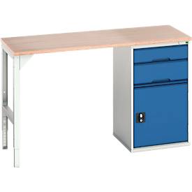 Unterbauwerkbank Bott verso, Multiplex-Platte, 2 Schubladen, 1 Tür, 1 Ablageboden, B 1500 x T 600 x H 930 mm, Lichtgrau / Enzianblau