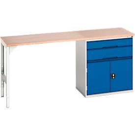 Unterbauwerkbank Bott verso, Multiplex-Platte, 2 Schubladen, 1 Tür, 1 Ablageboden, B 2000 x T 600 x H 930 mm, Lichtgrau / Enzianblau