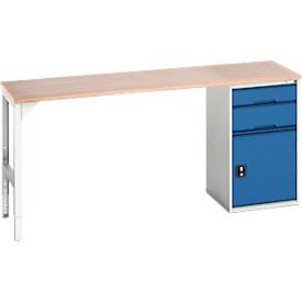Unterbauwerkbank Bott verso, Multiplex-Platte, 2 Schubladen, 1 Tür, 1 Ablageboden, B 2000 x T 600 x H 930 mm, Lichtgrau / Enzianblau