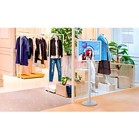 Update Display Infoständer, doppelseitig, Stahl-Fußplatte, ovales Zentralprofil, DIN A1, silber