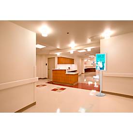 Update Display Infoständer, doppelseitig, Stahl-Fußplatte, ovales Zentralprofil, DIN A1, silber