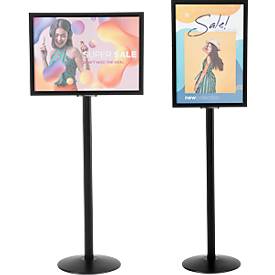 Update Display Infoständer, doppelseitig, Stahl-Fußplatte, ovales Zentralprofil, DIN A2 Hoch-/Querformat, schwarz