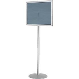 Update Display Infoständer, doppelseitig, Stahl-Fußplatte, ovales Zentralprofil, DIN A2 Hoch-/Querformat, silber
