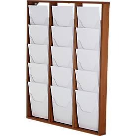 Update Display Prospektständer WoodMagazine, Wandversion, einseitig, Holz und Acrylglas, Buche, 15 Fächer je DIN A4