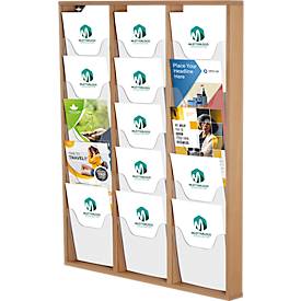 Update Display Prospektständer WoodMagazine, Wandversion, einseitig, Holz und Acrylglas, Buche, 15 Fächer je DIN A4
