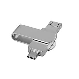 USB-Stick 3.0 4-in-1 OTG, USB-Typ-B, USB-Typ-C, Micro-USB und Lightning, Aluminium, silber, 16 GB