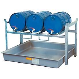 Cemo Vatenrek type 800 variant 5 , met vatensteun en opvangbak, voor 3 x 60 I-trommels, L 1410 x B 1280 x H 840 mm