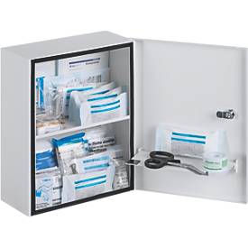 Verbandschrank HEIDELBERG, Stahlblech, Sicherheitsschloss, B 362 x T 140 x H 302 mm, Inhalt nach DIN 13157, weiß