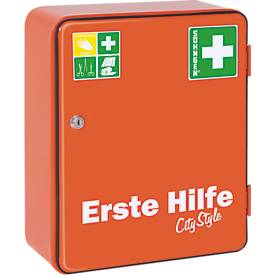 Verbandschrank HEIDELBERG, Stahlblech, Sicherheitsschloss, B 362 x T 140 x H 302 mm, ohne Inhalt, orange