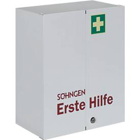 Verbandschrank ROM, DIN 13169, 2-türig, abschließbar, 2 Böden, 2 Schübe, 6 Ablageschalen & 2 Schlüssel, befüllt, Stahlbl.