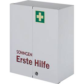 Verbandschrank ROM, DIN 13169, 2-türig, abschließbar, 2 Böden, 2 Schübe, 6 Ablageschalen & 2 Schlüssel, befüllt, Stahlbl.