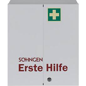 Verbandschrank ROM, DIN 13169, 2-türig, abschließbar, 2 Böden, 2 Schübe, 6 Ablageschalen & 2 Schlüssel, befüllt, Stahlbl.