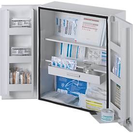 Verbandschrank ROM, DIN 13169, 2-türig, abschließbar, 2 Böden, 2 Schübe, 6 Ablageschalen & 2 Schlüssel, befüllt, Stahlbl.