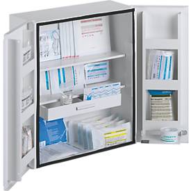 Verbandschrank ROM, DIN 13169, 2-türig, abschließbar, 2 Böden, 2 Schübe, 6 Ablageschalen & 2 Schlüssel, befüllt, Stahlbl.