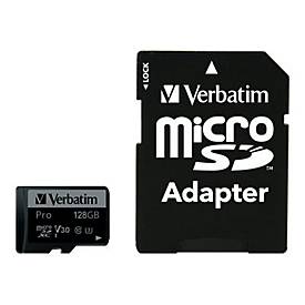 Verbatim PRO - Flash-Speicherkarte (microSDXC-an-SD-Adapter inbegriffen) - 128 GB - Video Class V30 / UHS-I U3 / Class10