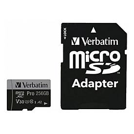 Verbatim PRO U3 - Flash-Speicherkarte (microSDXC-an-SD-Adapter inbegriffen) - 256 GB - A2 / UHS-I U3 / Class10 - microSD