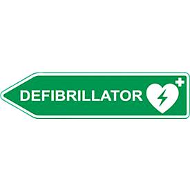 Verkeersbord defibrillator AED-locatie, pijlvorm, naar links wijzend, lichtdoorlatend, weerbestendig, Dibond-print, L 600 x H 150 mm, groen-wit