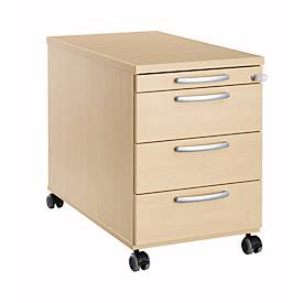 Verrijdbaar ladeblok 1333, 3 laden en 1 materiaallade, afsluitbaar, ronde grepen, hout/staal/kunststof, B 434 x D 600 x H 613 mm, ahorn-decor