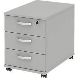 Verrijdbaar ladeblok BARI, materiaalbak, 3 schuifladen, afsluitbaar, B 427 x D 600 x H 544 mm, lichtgrijs/lichtgrijs/aluminium