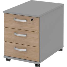 Verrijdbaar ladeblok BARI, materiaalbak, 3 schuifladen, afsluitbaar, B 427 x D 600 x H 544 mm, middengrijs/eik/aluminium