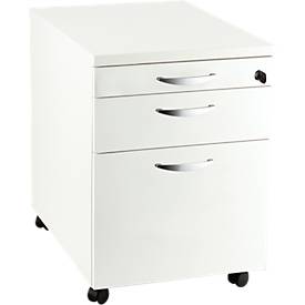 Verrijdbaar ladeblok NEVADA, 1 materiaallade , 1 lade en 1 lade voor hangmappen, B 430 x D 600 x H 600 mm, wit